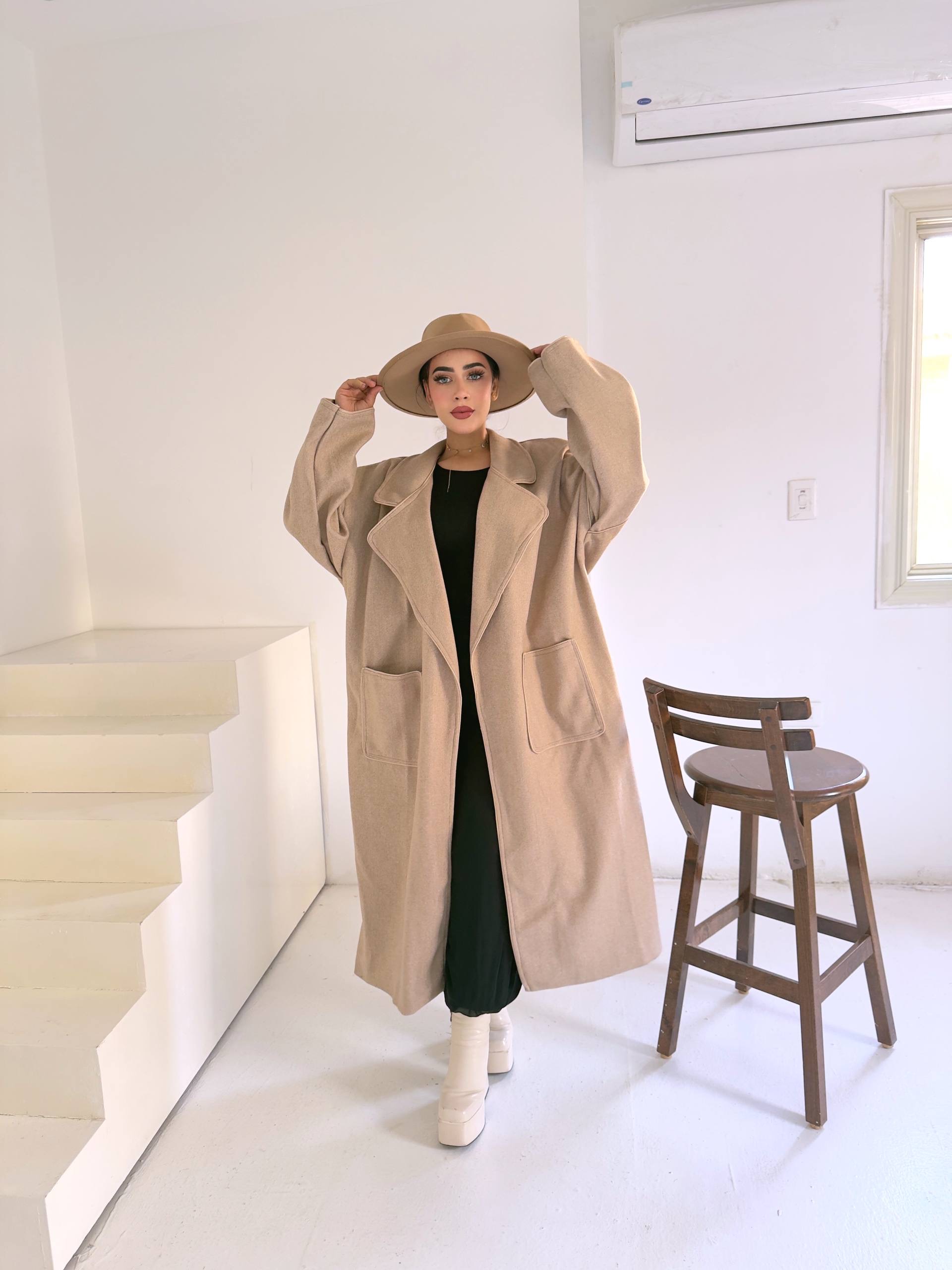 Beige Leather-Trim Wool Coat