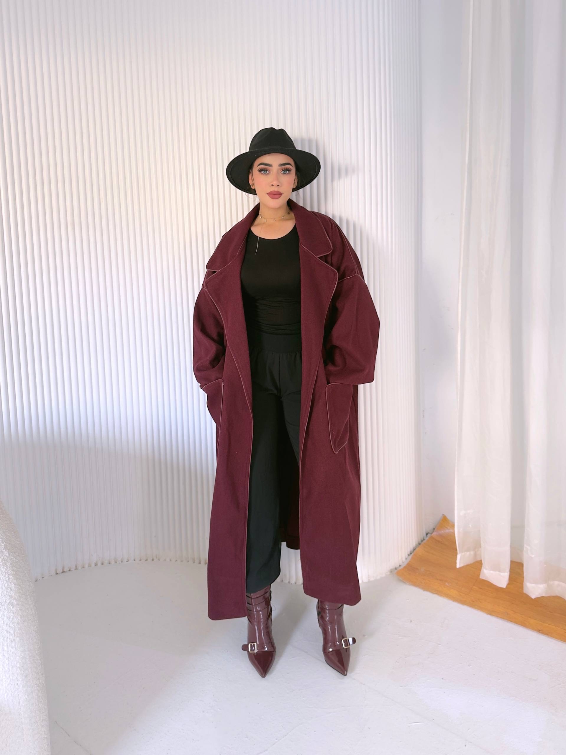 Burgundy Leather-Trim Wool Coat